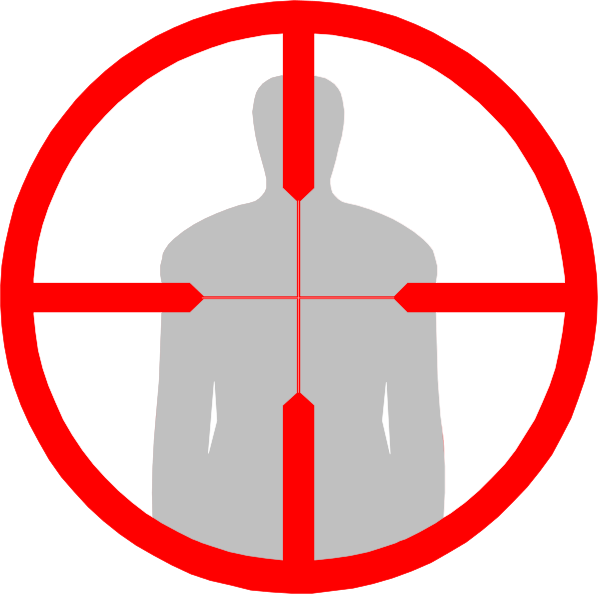 The image shows a silhouette of an adult human figure with multiple crosshairs over it from two different angles, suggesting targets for shooting practice; to its right is another icon depicting three concentric circles resembling gun sights and below that, there's the number 100. This arrangement suggests themes related to target-practice or marksmanship training with a focus on accuracy improvement up to one hundred percent proficiency level. The image does not contain any textual information but communicates its message through visual symbols alone. It is important to note