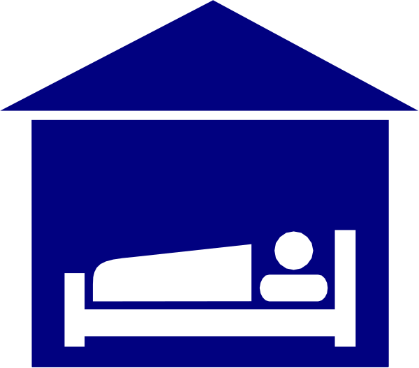 The image shows a blue house with an icon of a bed inside it next to another building that has two beds visible through its windows on top of each other in front of the first one.