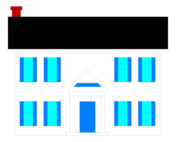 The image shows a simple black and white illustration of an old two story house with blue shutters on windows during nighttime under clear skies.