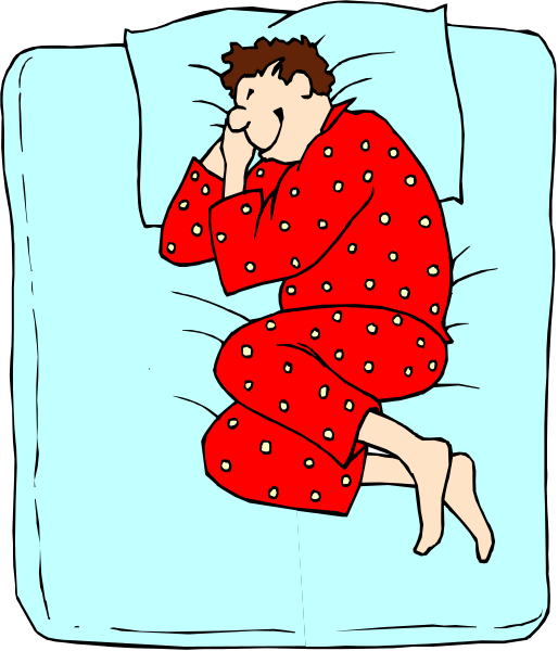 The illustration shows a person lying on their stomach with arms tucked under them while wearing red pajamas that have white polka dots. They appear to be sleeping in bed which is covered by blue sheets, and there's no visible text within this image.