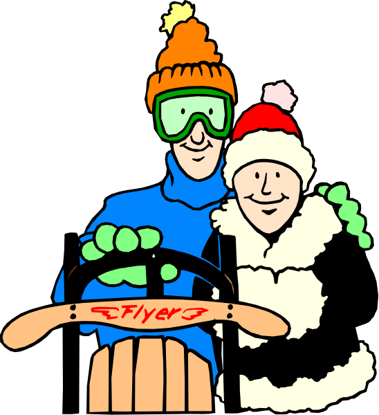 The illustration shows a man wearing goggles on his head with snow skis attached to them standing next to another person who is dressed as Santa Claus holding onto an old-fashioned steering wheel, both posing for a photo together in front of what appears to be a ski lodge.