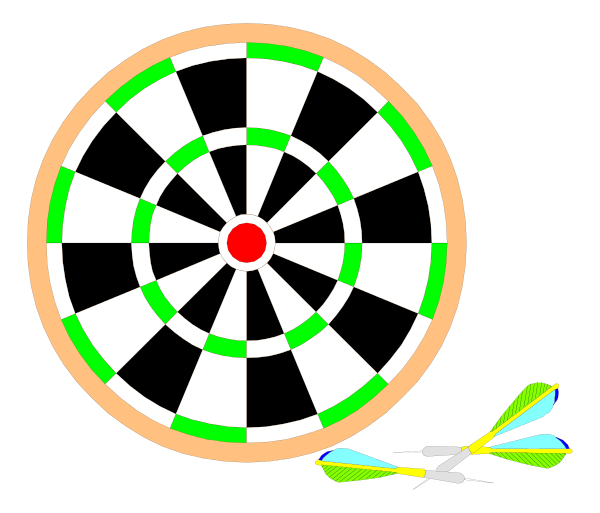 The image shows a darts target with an arrow pointing at it from above left corner of frame.