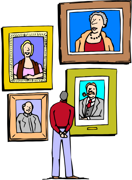 The illustration shows a man standing next to several framed photographs of different individuals on display at an exhibition; he is wearing blue jeans and has his hands in pockets while looking down towards one particular photo with two people, possibly discussing it.