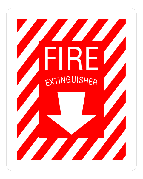 The image shows a red fire extinguisher with an arrow pointing downwards to indicate its use as well as text that reads "FIRE" at top left corner of signage.