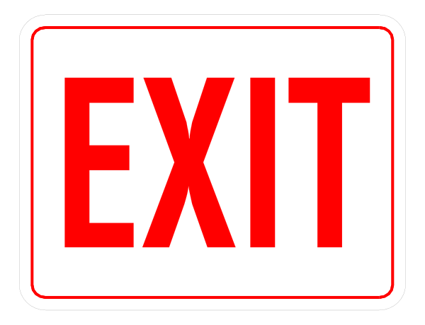 The image shows a red exit sign with white lettering on it against an indistinct background.