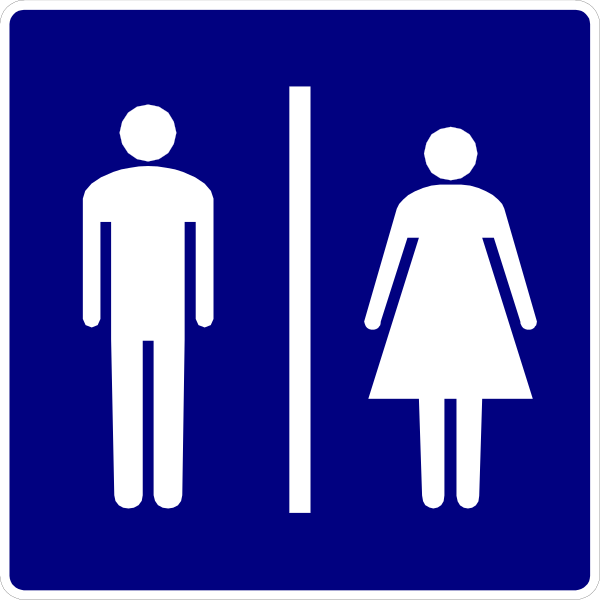 The image shows a blue sign with white symbols indicating restroom facilities for men (male figure) and women (female silhouette).