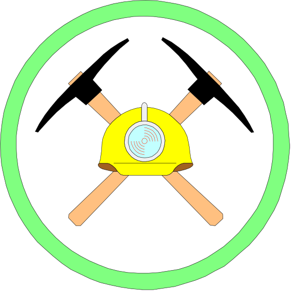 The image shows a pair of pickaxes crossed over each other with an emblem that includes two hammers on either side forming a circle around them; there is also what appears to be a small yellow object resembling a helmet in between, and above this central item are three black lines representing the number 3. The background is plain white or light grey. There's no text present within the image itself. This could represent mining equipment with an emphasis on safety gear like helmets. It might be used as part of educational material about construction tools for children, given its simple