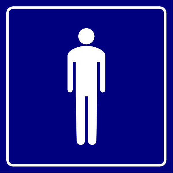 The image shows a blue sign with two white figures: on top left there is an icon of a man standing next to another figure that appears to be male; below them both is a symbol for men's restroom, indicating it as accessible and safe for all genders.