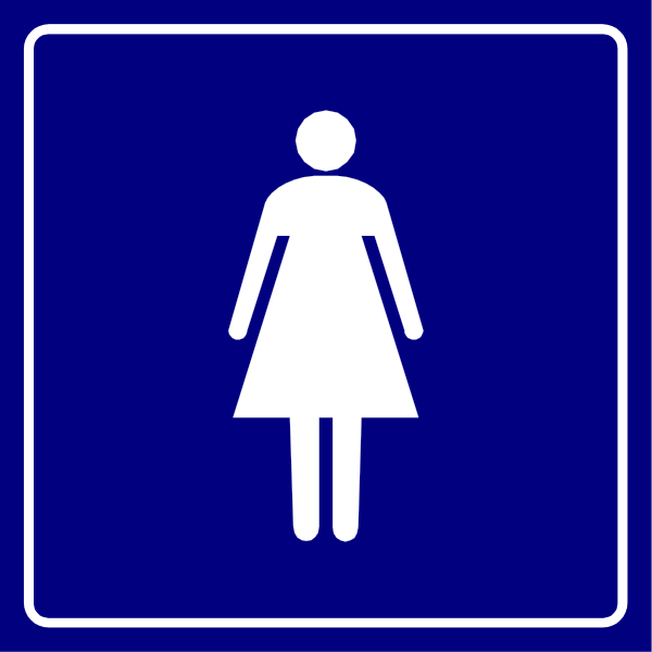 The image shows a blue sign with white symbols indicating men's restrooms on top left corner and women's restroom in bottom right corner of an establishment.