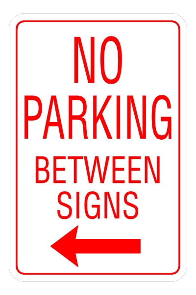 The image shows a red "No Parking" sign with an arrow pointing to its right indicating that parking is allowed between signs