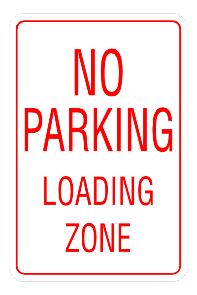 The sign says "no parking loading zone". It's a red rectangle with white lettering on it.