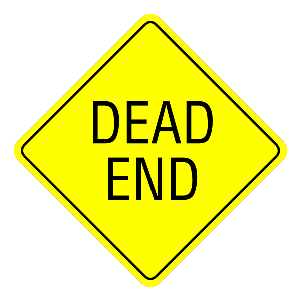 The image shows a yellow diamond sign with black text that reads "DEAD END" on it against a dark background.
