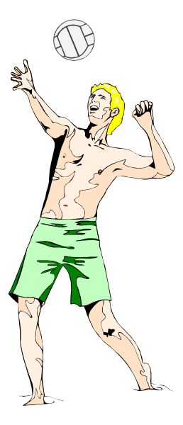 The image shows a man playing volleyball on an indoor court with white walls; he is wearing green shorts and has blonde hair.