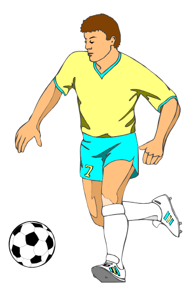 The image shows a cartoon of an adult male soccer player wearing shorts with shin guards on his legs while kicking a ball in mid-air during play; he is also holding out one leg for balance as if to kick it again, and has short hair.