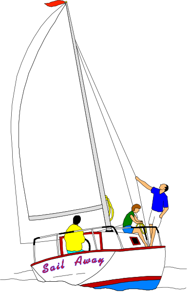 The image shows a sailboat with two individuals on board; it's set against an ocean backdrop under clear skies during daylight hours.