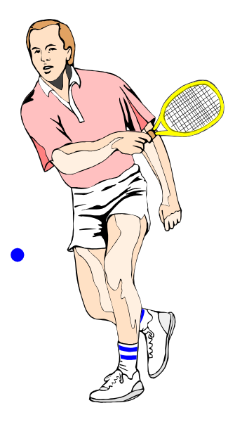 The image shows a cartoon of an animated tennis player holding a racket with both hands while standing on what appears to be a court surface, ready for action; he is wearing shorts, shoes, socks, and has short hair.