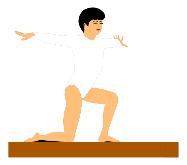 The image shows a cartoon of an athlete performing gymnastics on a balance beam with their arms outstretched for support.
