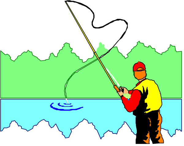 The image shows a pixelated scene of an animated fisherman standing on what appears to be a dock with water below him; he is holding fishing rods in both hands while casting one into the body of water, which has ripples indicating movement and activity.