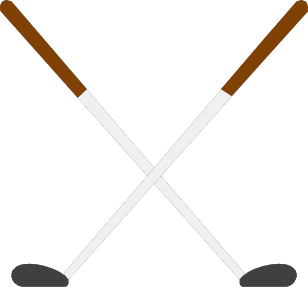 The black and white illustration shows a pair of crossed golf clubs with two balls on top against an unseen background.