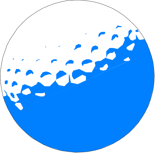 The image shows a blue circle with white dots on it to its left side and another smaller blue circle next to it in front of which there is an object that resembles a golf ball with holes around it, suggesting some sort of game piece or decoration related to sports balls.