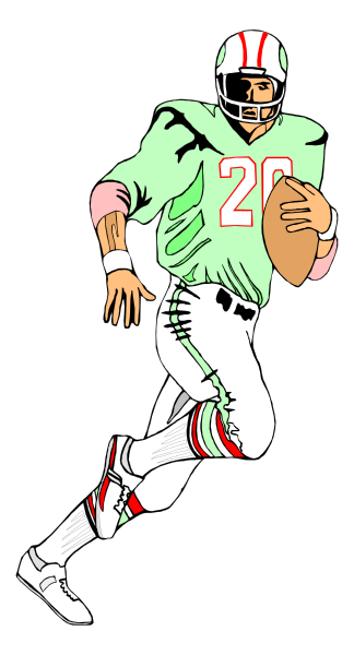 The image shows a black and white illustration of an American football player running with a sports ball on his arm while wearing a uniform that includes number 20. He is depicted in mid-action against a dark background, giving no indication about location beyond being outdoors at night or during the evening due to darkness. There are no other objects present and there's only one person visible: the football player himself. The image does not provide any information on actions of animals as it focuses solely on human activity within sports context.