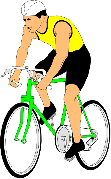 The image shows a man riding an orange bicycle with black tires on it while wearing shorts and no shirt; he is pedaling forward in front of what appears to be a dark background.