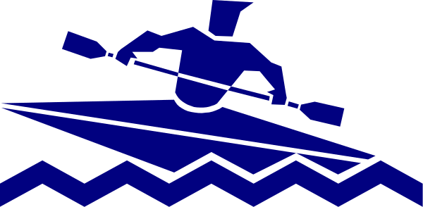 The image shows a black and white illustration of an individual paddling on water with waves depicted by blue lines around them; there is no text present in this clip-art piece.