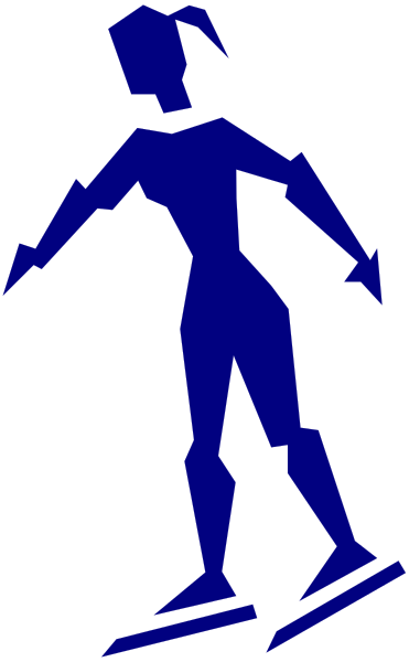 The image shows a blue silhouette of an athlete on skis against a black background with white stripes at top left corner.