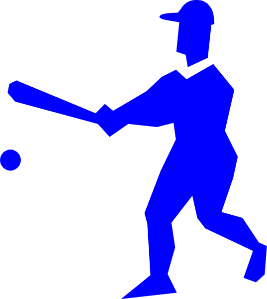 The image shows a blue silhouette of an athlete holding a baseball bat over their shoulder while standing next to home plate with one foot on it; there is also a small ball in front of them.