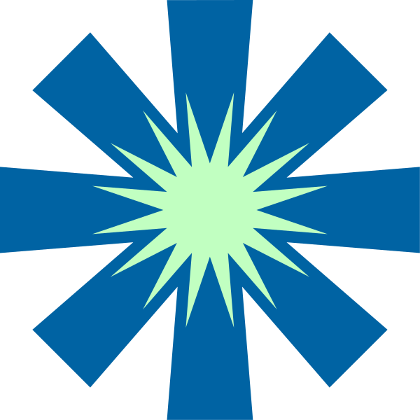 The image shows a blue starburst with white rays against a black background.