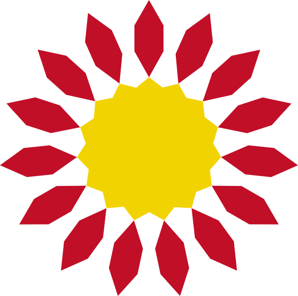The image shows a stylized sun with eight rays emanating from its center within an abstract red flower-like shape against a black background.