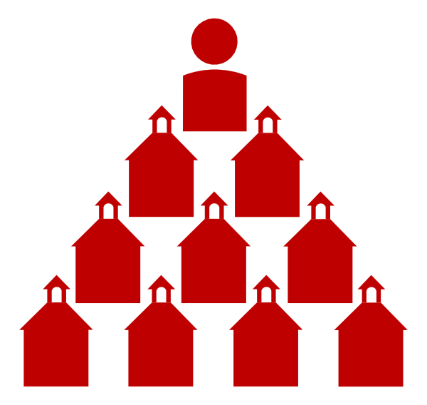 The image shows a red pyramid with houses on top of each tier, representing an escalating structure from bottom to top where more homes appear as you move upwards; atop this pyramid is a figure resembling a person standing in front of three spheres that could be interpreted as planets or globes.