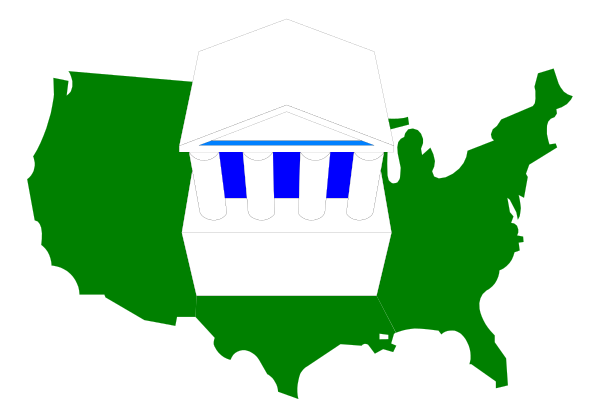 The image shows a stylized graphic of an American flag with a building resembling a courthouse superimposed on it in white coloring.