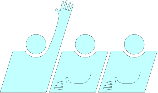 The image shows a black and white cartoon of three figures with their arms raised high above them against an abstract background that resembles waves or ripples in blue tones.