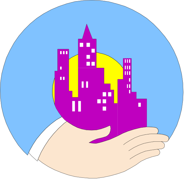 The illustration shows a hand holding two circular images: on top, there's an icon of a city skyline with buildings at night; below it is another circle containing what appears to be a globe in purple hues and yellow light rays emanating from its center, suggesting the concept of global connectivity or communication.