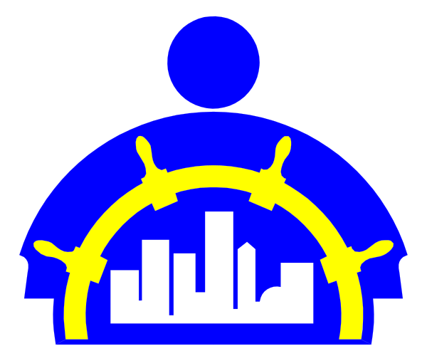 The logo features a stylized blue compass rose with an arrow pointing to it from above on its right side; below this is a graphic of two hands holding up what appears to be a globe in front of them, and behind that image there's another symbol resembling a shield or badge.