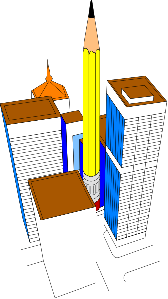 The image shows a digital rendering of an urban skyline with tall buildings including what appears to be a high-rise hotel in yellow on one side and another building partially obscured by it; there is also a smaller structure resembling a church steeple, possibly indicating religious architecture within the cityscape.