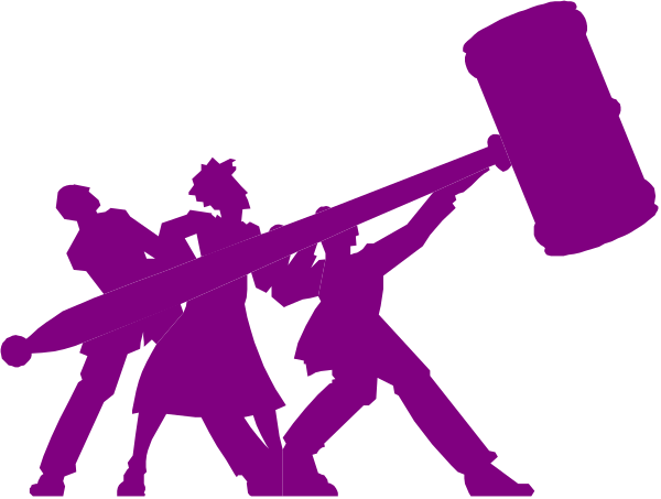 The image shows a group of four animated characters engaged with an object that resembles a large hammer; two characters appear to be holding it while another character is positioned behind them as if ready for action.