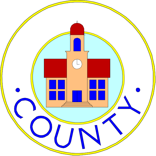 The image shows two circular logos with a graphic of an old building labeled "COUNTY" at their center, each featuring text that reads "County."