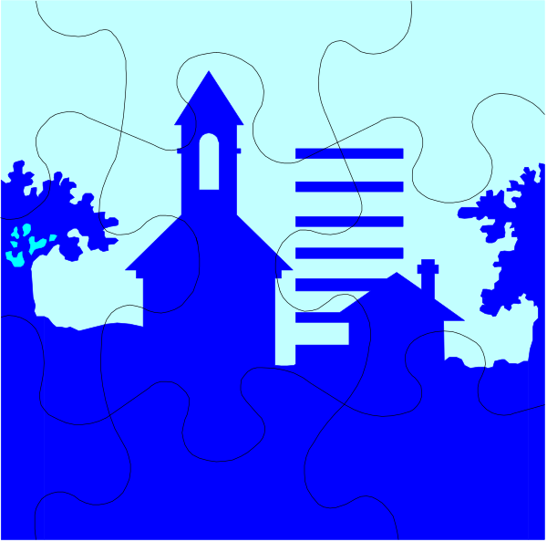 The puzzle piece shows a stylized blue church with white steeple next to an outline of trees against a dark background; there is no text present in this image.