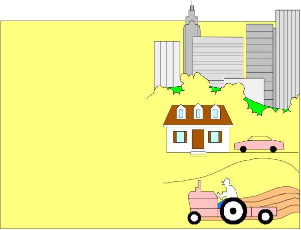 The image shows a cartoon depiction of an urban scene with buildings on either side, trees lining both sides as well, houses in front of which there is grassy area, cars parked along one street, and two people standing near each other under what appears to be a bridge or overpass.
