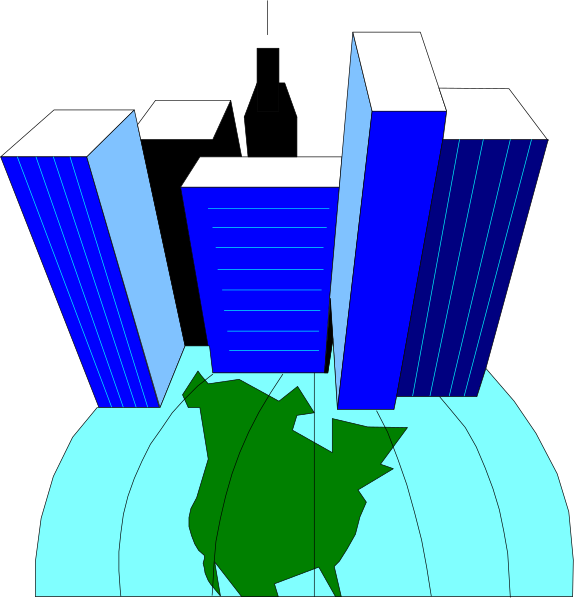 The image shows a collage of two different scenes: on top, there is an illustration with three skyscrapers in front of which stands one taller building; below it, another scene depicts several buildings and structures against a backdrop that resembles a map or globe.
