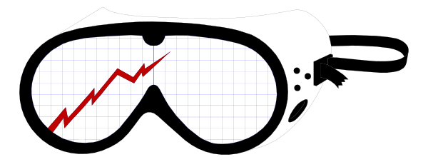 The image shows a black silhouette of an eye with glasses on top against a white background; there is also a red line graph superimposed over it in the upper right corner indicating some sort of data trend, possibly related to vision improvement or health metrics.