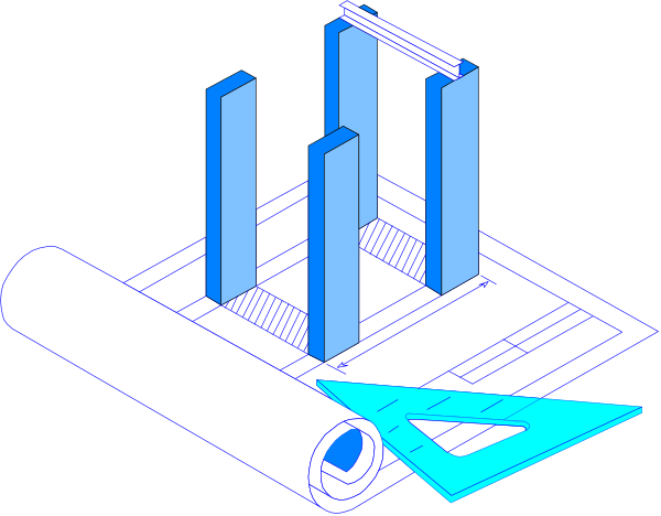 The image shows a blueprint of an architectural model with three vertical bars on top representing buildings against a black background; there is also a horizontal bar at bottom that appears to be part of another structure connected by lines, and it includes measurements in millimeters along its length.