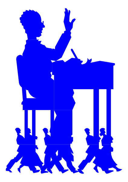 The black and white silhouette of a man standing at a podium with his hands raised above him while seated on an elevated platform in front of several figures that appear to be walking away from it.