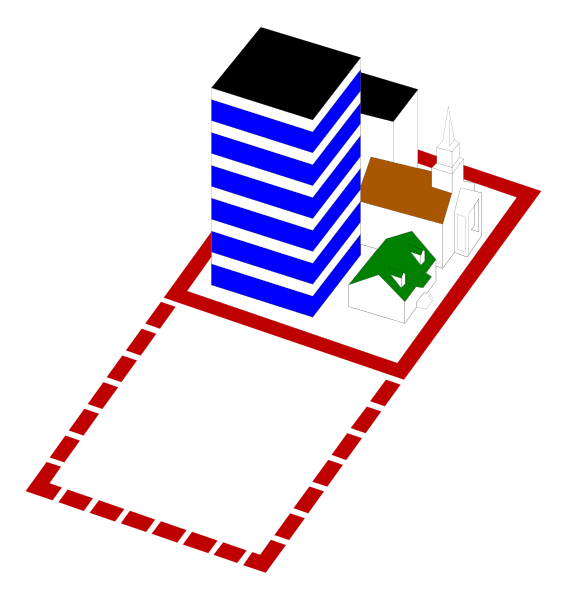 The image shows a stylized representation of an urban area with buildings that resemble office structures on either side of what appears to be a church in between them; there is no text present within this small clip-art illustration, and it does not depict any people or animals.