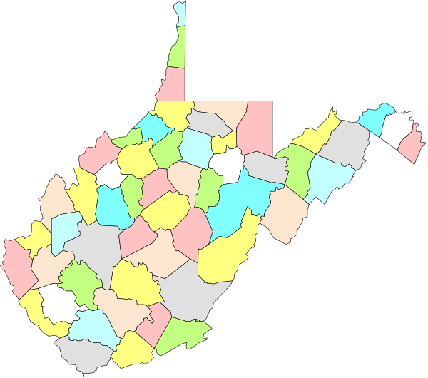 The map shows a stylized representation of West Virginia with counties colored differently to represent different data sets such as population density, median income, etc., overlaid on top of each other in various shades and patterns.