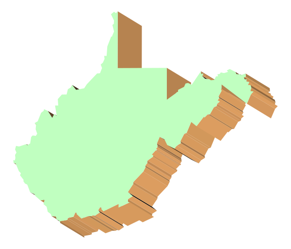 The image shows a stylized representation of West Virginia with its outline filled in green coloring against an orange background that resembles brickwork.