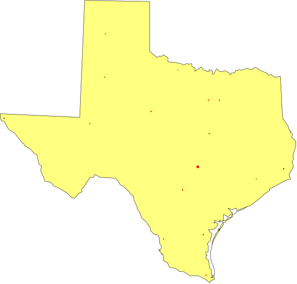 The image shows a stylized map of Texas with dots indicating locations within its borders.