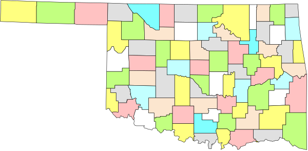 The image shows a stylized map of an area with various colored regions representing different counties within it; there is no text present in this clip-art representation.